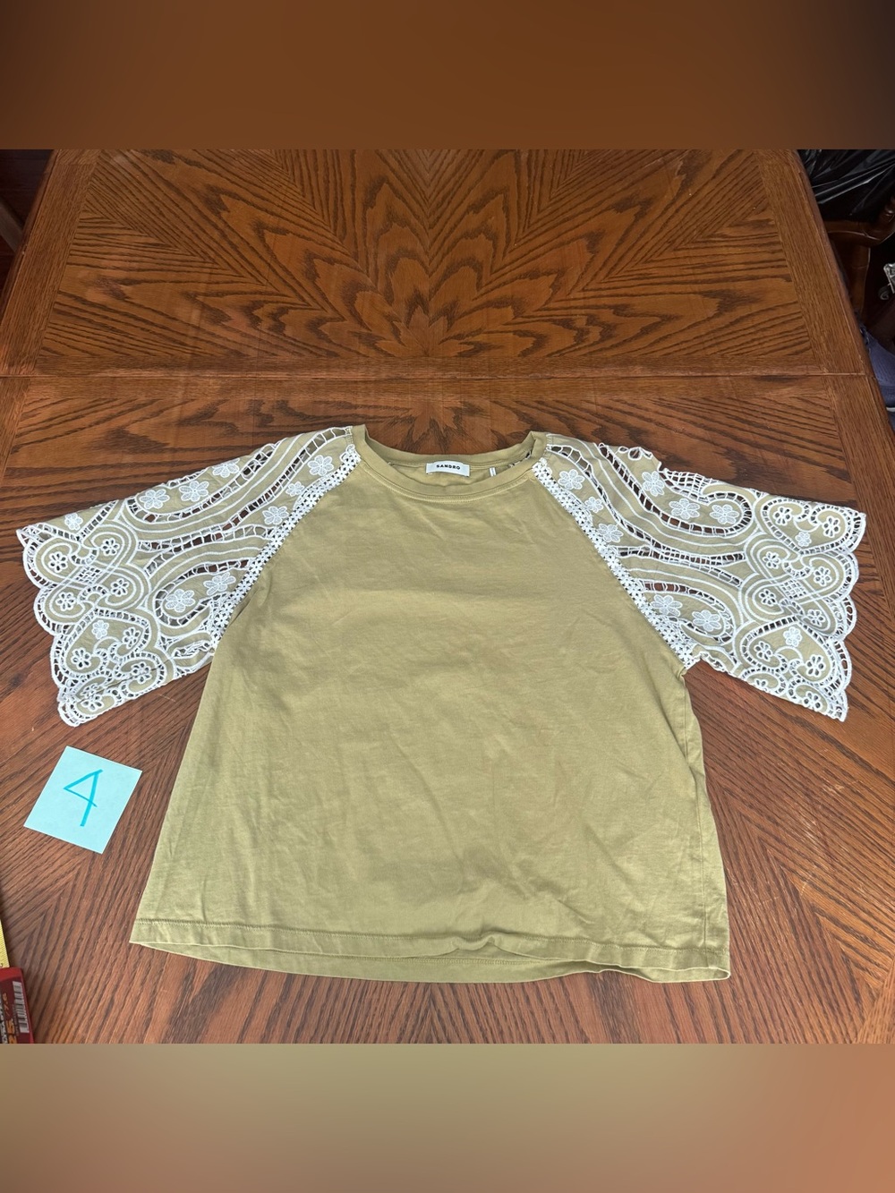 SANDRO Khaki T-Shirt with Lace Sleeves
Women